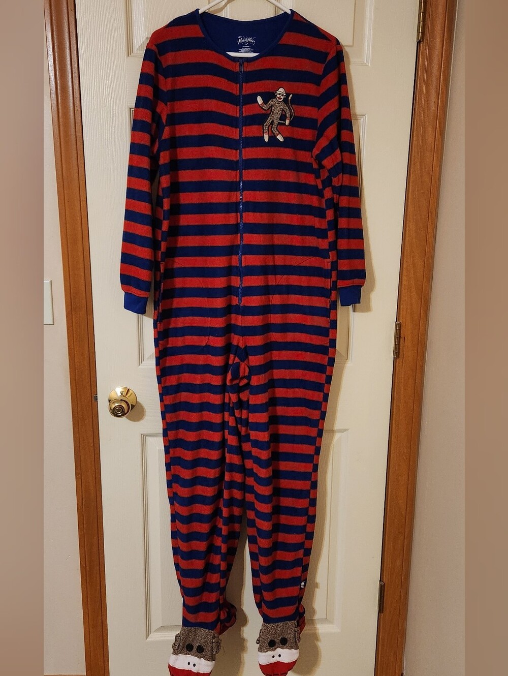 Nick And Nora Sock Monkey Footed Sleeper Pajamas Adult M Red Navy Striped